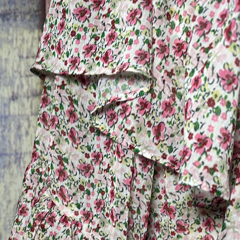 M/L Floral Print Long Sleeve Eyelet Ruffled Mini Tie Waist Dress - Picture 7 of 7